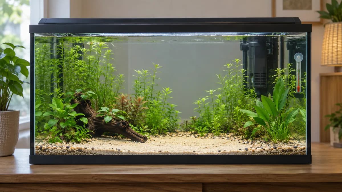 Een ingericht aquarium dat nog moet inlopen: planten, wortel en een vrije zwemstrook.