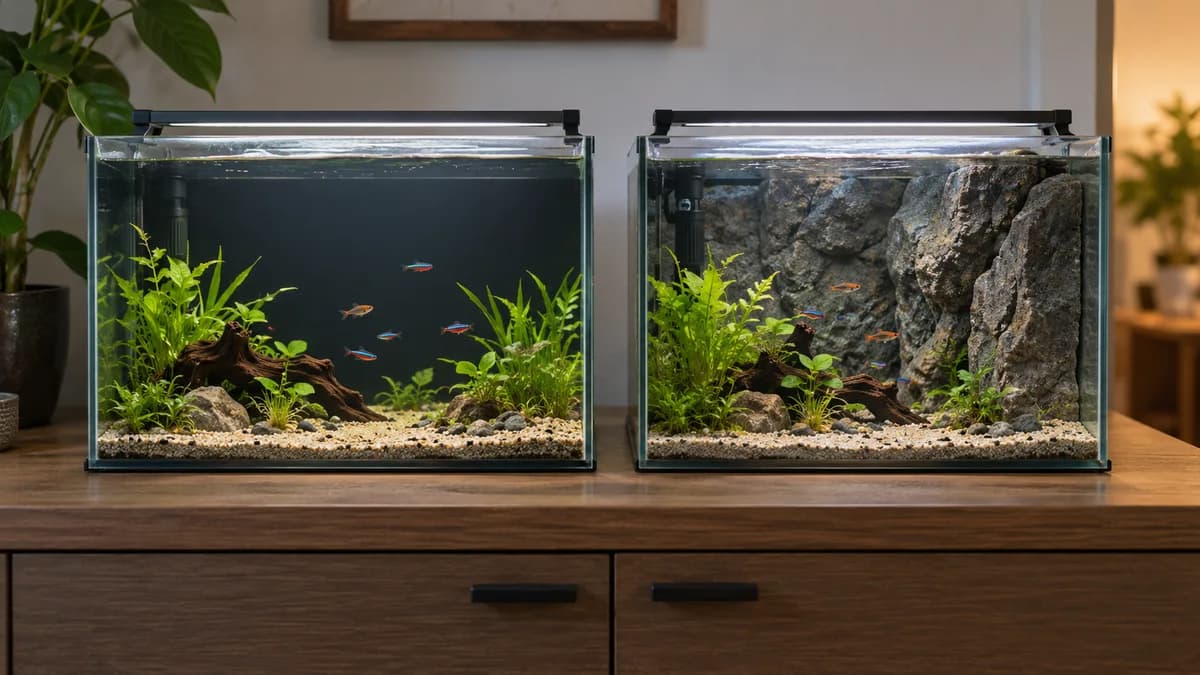 Een zwarte folie op het achterglas laat planten en vissen opvallen en verbergt slangen en kabels.