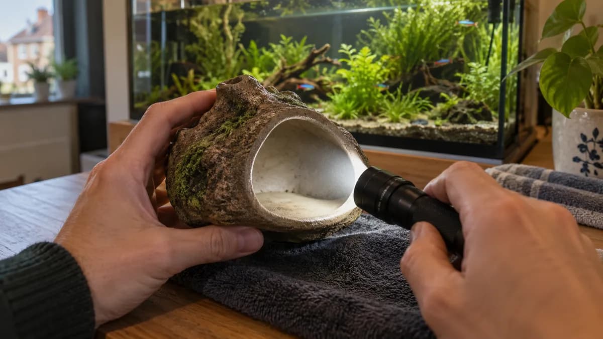 Een rotspartij met één stuk hout laat zwemruimte vrij en ziet er natuurlijk uit.
