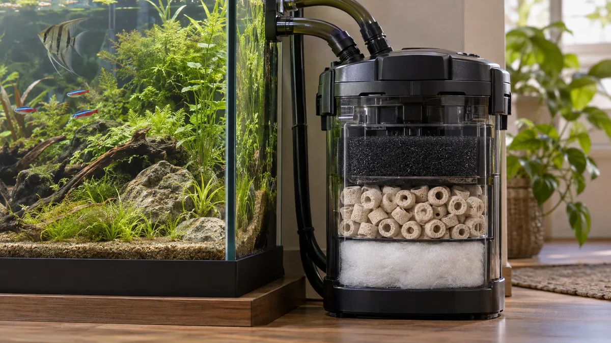 Een gevuld filter met mechanisch materiaal vooraan en biologisch materiaal erachter