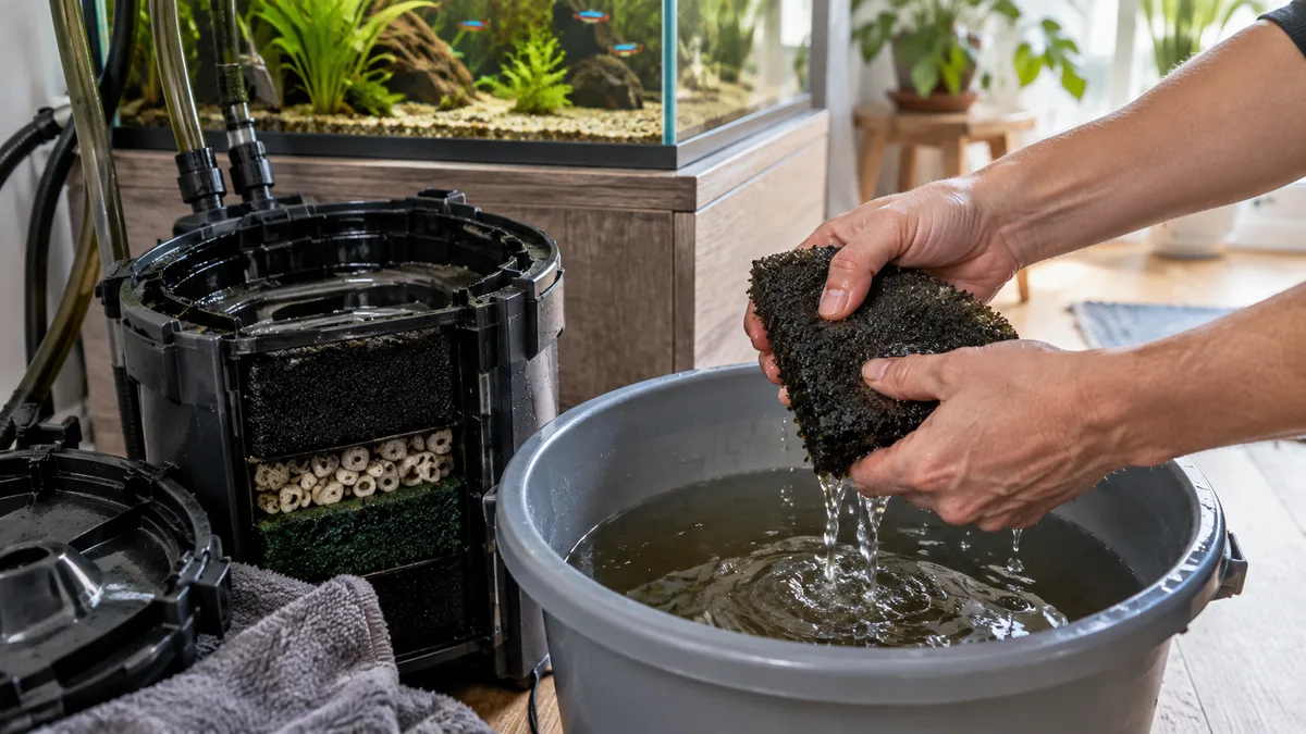 Spoel filtermateriaal in bakwater, nooit onder de kraan