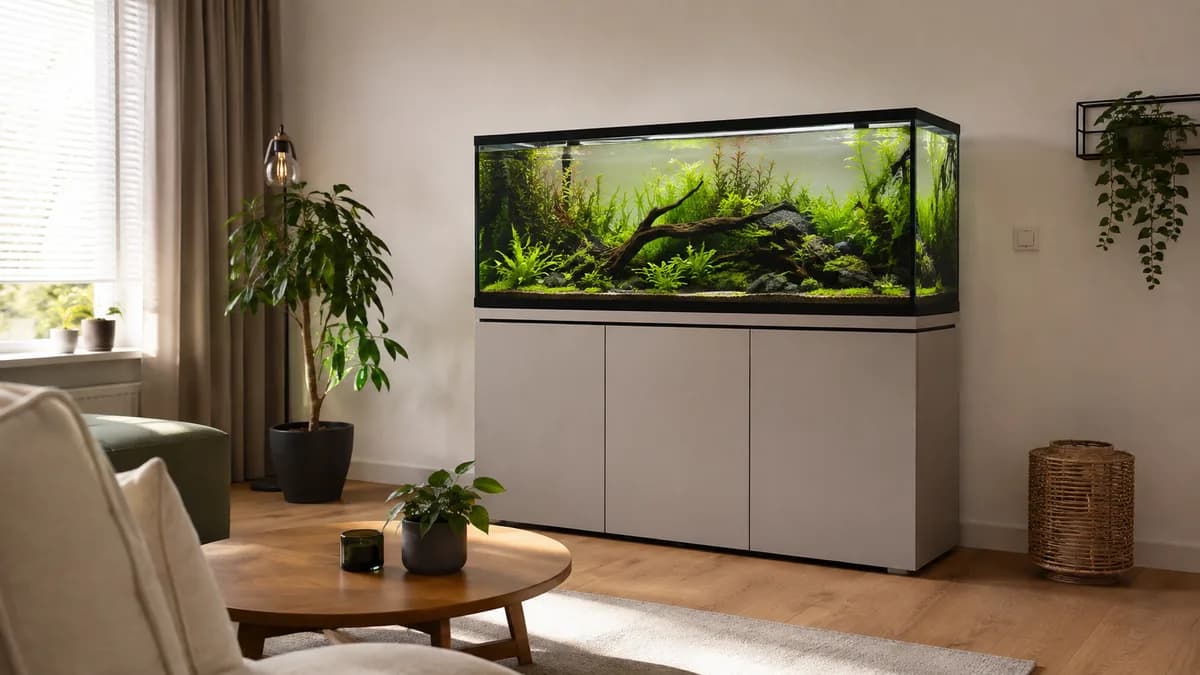 Een passende onderkast ondersteunt het aquarium over de hele voetafdruk en houdt techniek uit het zicht.