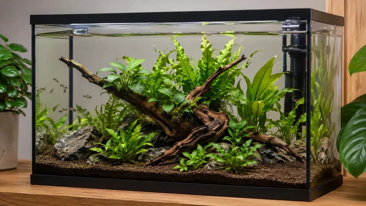 Een combinatie van planten op hout, rozetplanten en een snelle groeier geeft een startbak rust en structuur.