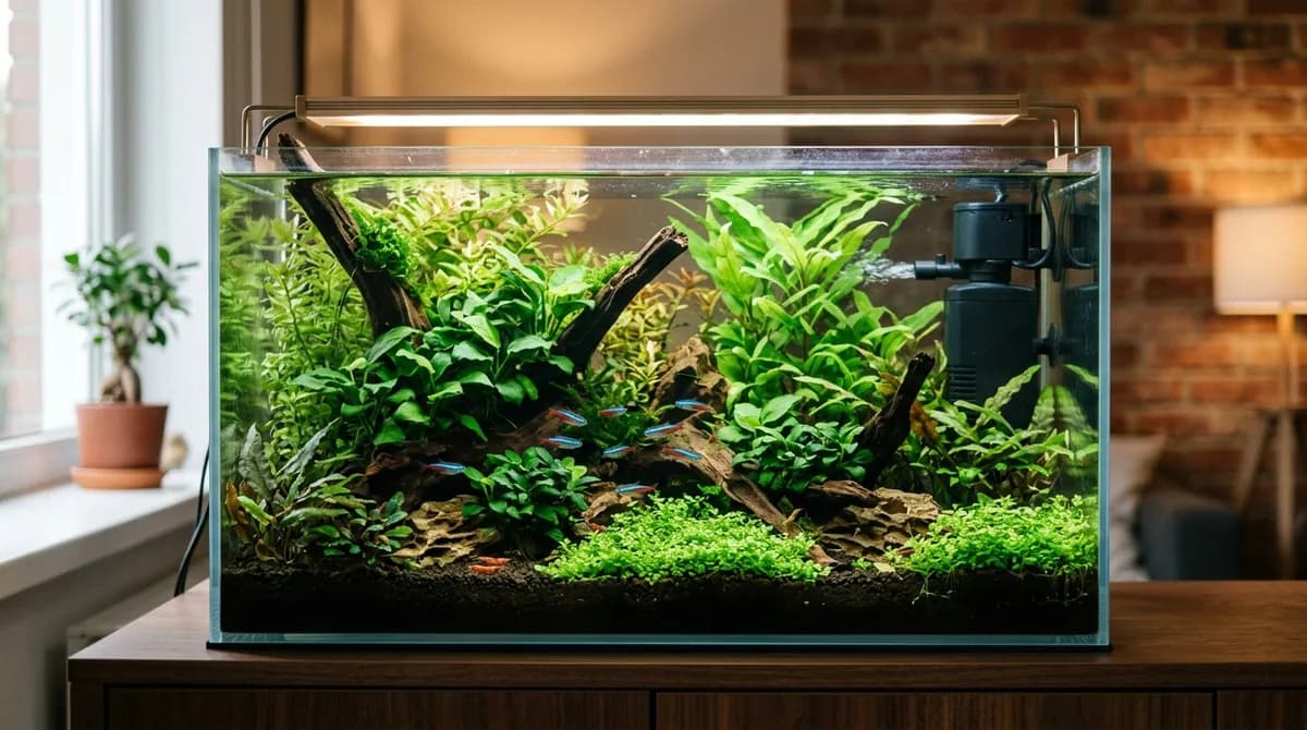 Een compact binnenfilter houdt techniek en filtermateriaal in het aquarium.
