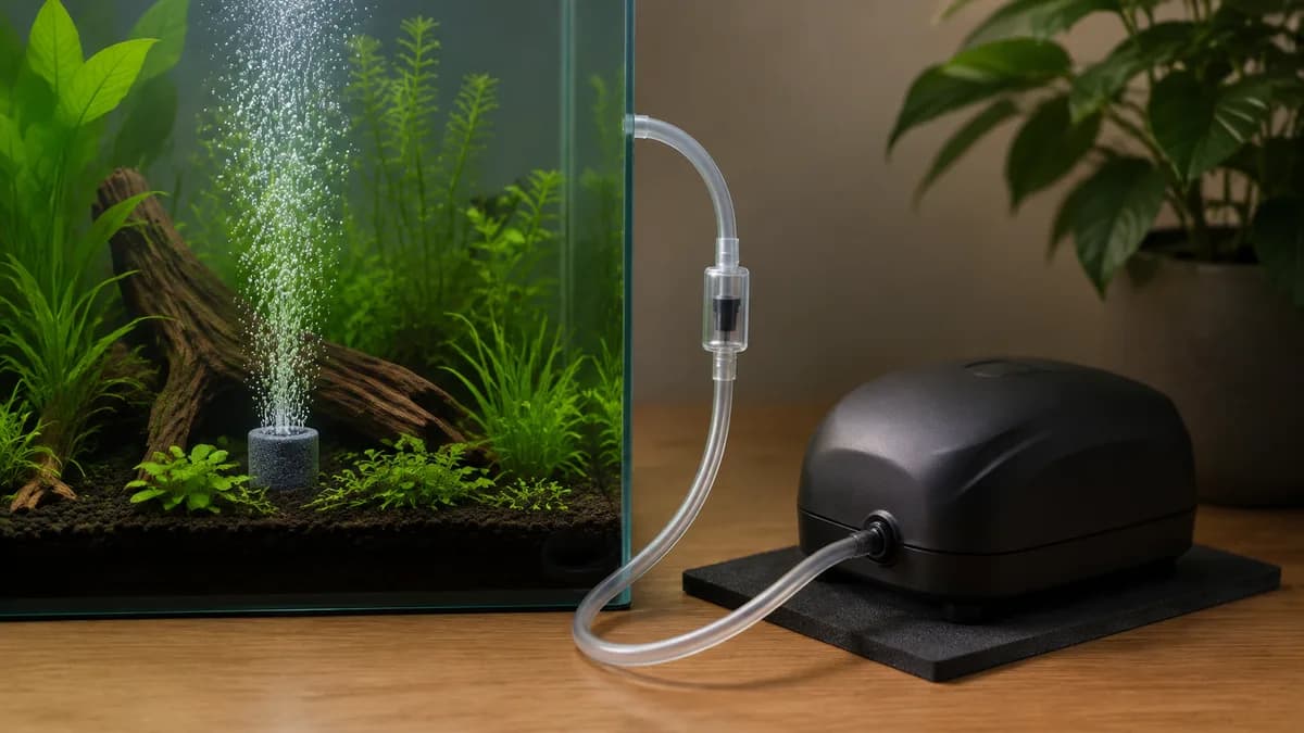Een terugslagklep voorkomt dat aquariumwater via de luchtslang terugloopt.