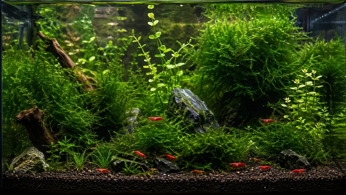 Mossen en fijne planten geven Neocaridina jonge garnalen veel veilige graas- en schuilplekken.
