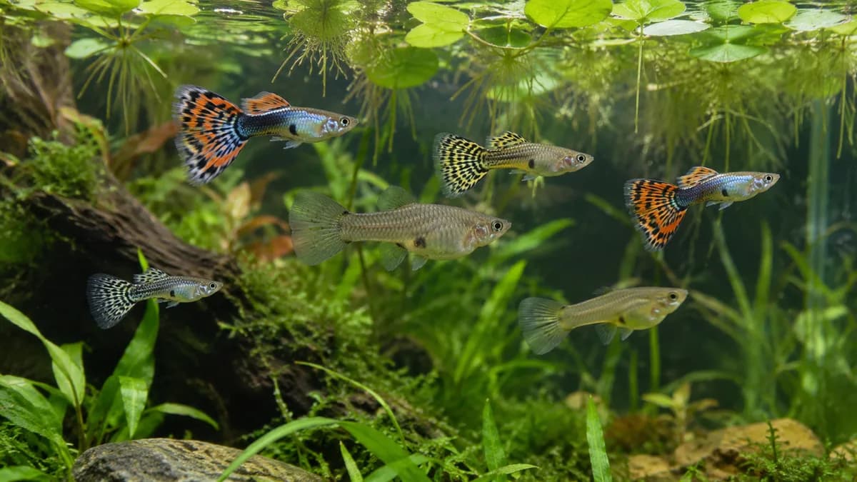 Een groep guppy's met meer vrouwtjes dan mannetjes zwemt rustiger