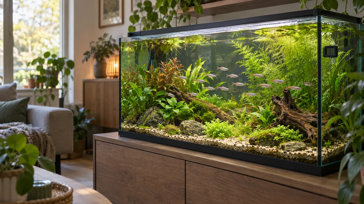 Een koudwateraquarium met een thermometer die de temperatuur van het water laat zien.