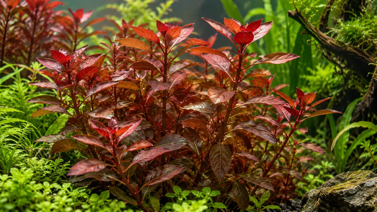 Ludwigia repens 'Rubin' kleurt bij sterk licht intenser, bij te weinig licht vallen de onderste bladeren af.