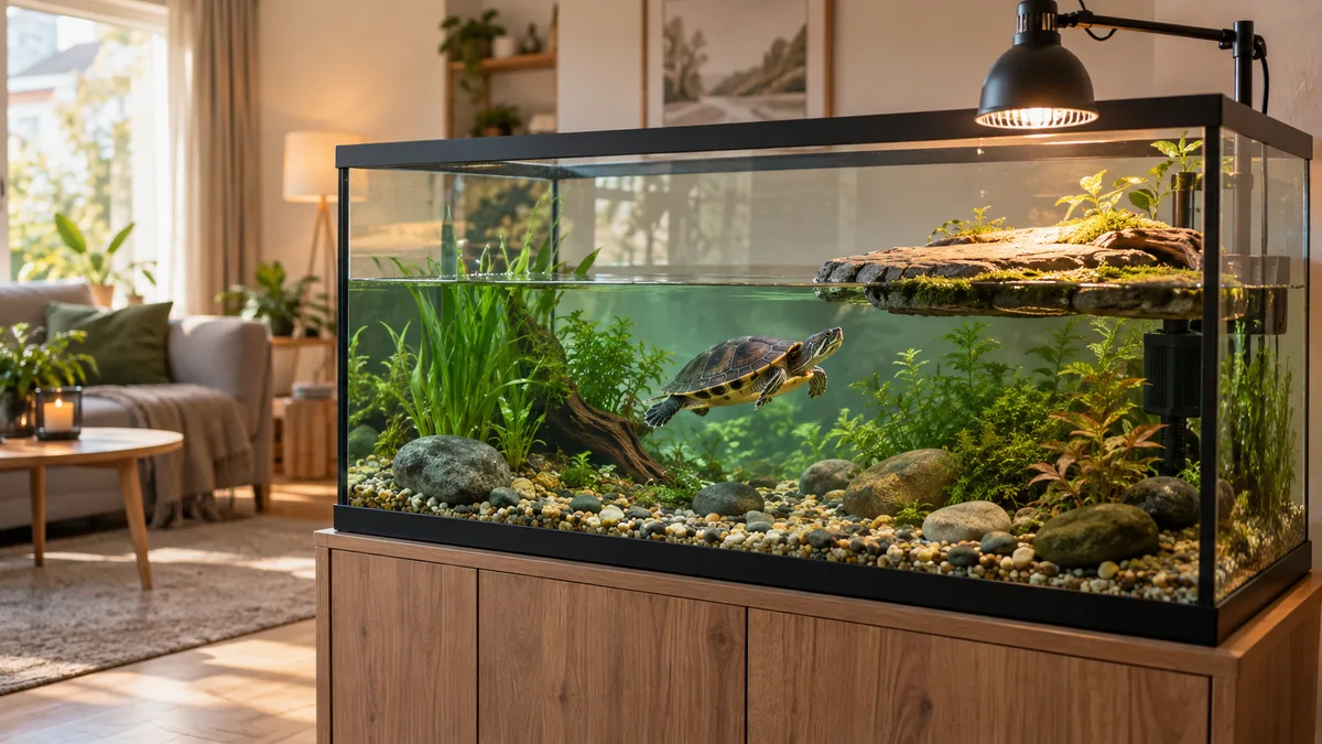 Een ruim aquarium met water en een droge basking-plek onder de lamp