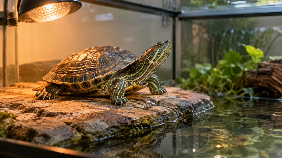 Een droge basking-plek onder de lamp is een vast onderdeel van elke bak